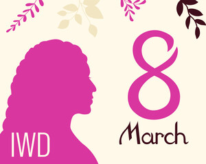 8 March International Women's Day Poster. Female Silhouette, Leaves, Feminism and Solidarity