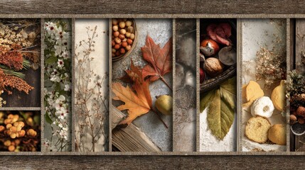 Fototapeta premium Rustic wooden display of various dried botanicals, autumnal leaves, berries, and gourds, creating a harvest vibe