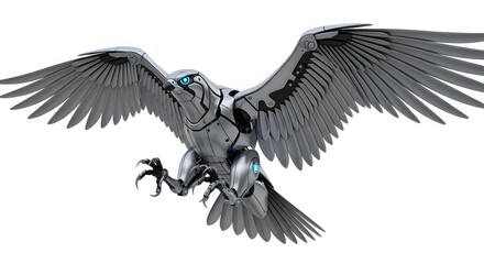 Mechanical bird with open wings in flight isolated on white background