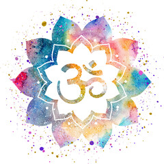 Om symbol painted inside a flower frame or mandala, watercolor texture, splashes of paint, colorful bright illustration. Can be used for prints, printing design, home decor design and more.