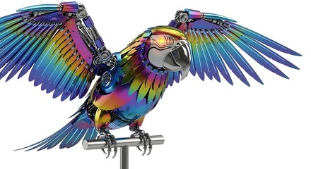 Obraz premium Colorful metal parrot sculpture with wings spread isolated on white background