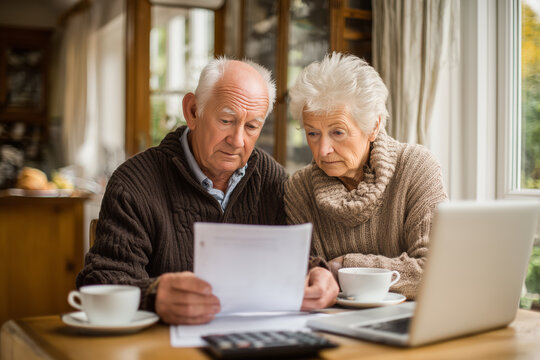 Senior couple reviewing finances together at home with laptop and coffee, planning retirement with serious expressions on their faces near window