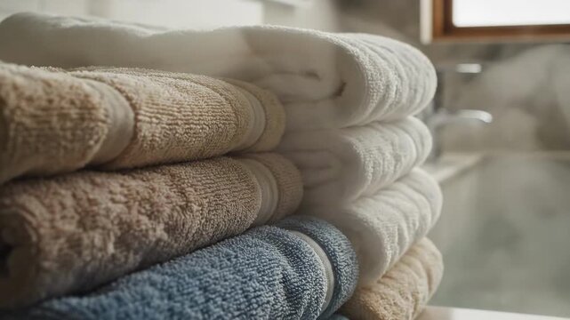 A stack of folded towels in beige, tan, cream, white, and blue sits on a shelf by a sunlit window; plush cotton textures, soft folds, and neat order evoke calm, spa-like bathroom comfort. Now