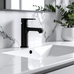 Modern black faucet over a white sink