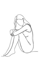 Woman curled up in a fetal position line drawing hugging knees