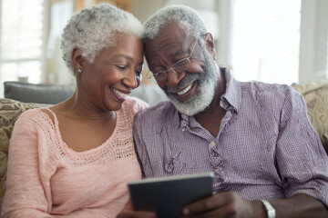 Happy senior couple using tablet together at home, sharing joy and connection, celebrating retirement, enjoying modern technology with love and laughter