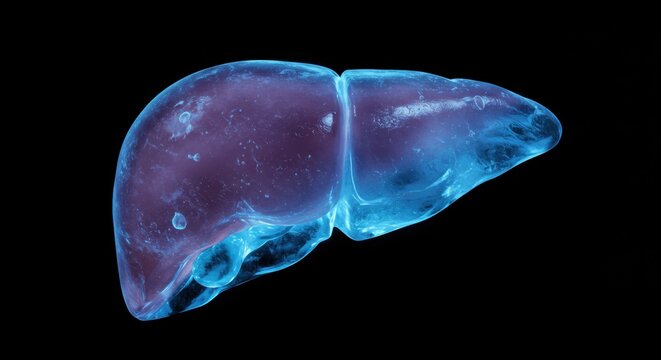 Ethereal Glowing Blue-Purple Human Liver Anatomy on Black.