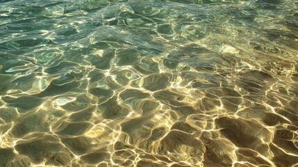 Close-up of clear, shimmering water. Sunlight plays on the surface, creating golden patterns on the bottom