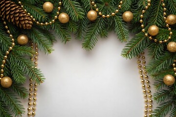 Festive christmas garland with pinecones and golden ornaments on white background