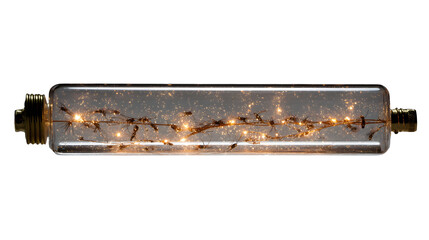 Close up of a rectangular light bulb with a filament and small lights inside on a black background