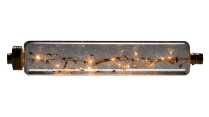 Close up of a rectangular light bulb with a filament and small lights inside on a black background
