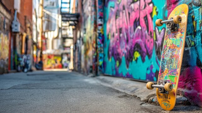 A vibrant skateboard leans against a colorful, graffiti-covered brick wall in a narrow urban alley
