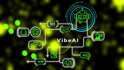 VibEAI futuristic AI assistant interface animation featuring neon communication paths, smart chatbot icons, digital network flow, modern tech diagram, virtual interaction system design for advanced - Powered by Adobe