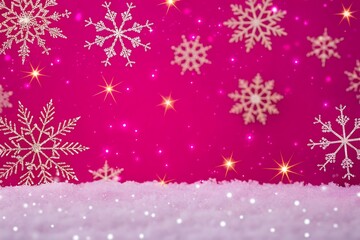 Festive pink background with falling snowflakes and sparkling lights for winter holidays