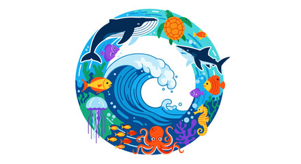 A vibrant flat design illustration showcases diverse marine life thriving around a powerful ocean wave, symbolizing healthy aquatic ecosystems and biodiversity protection.