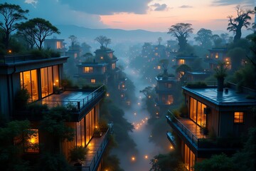 Luxury villas nestled in a misty forest at twilight, with warm lights glowing invitingly.