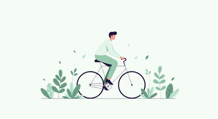 A stylish man enjoys a leisurely bicycle ride through a serene natural environment, embracing sustainable transportation and an active, healthy lifestyle.