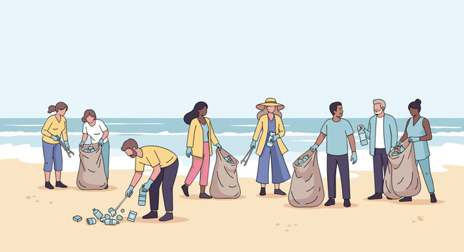 Diverse volunteers actively collect plastic waste and debris from a sandy beach, promoting environmental protection and community collaboration.