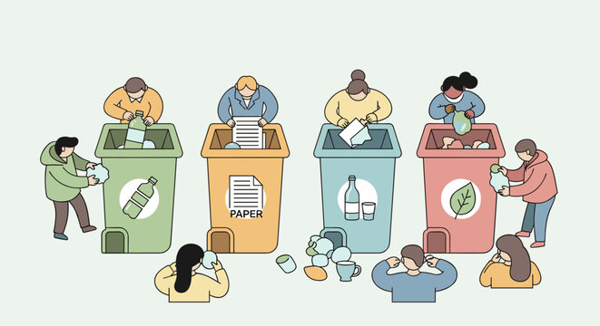 Diverse individuals are diligently sorting various types of waste into designated recycling bins, promoting environmental sustainability and responsible consumption habits.