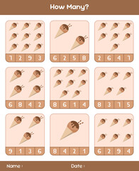 Count the number of ice creams. Educational mathematical game. Counting game for children. Kids activity sheet. Template for how many