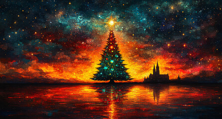  Christmas Village in Stained Glass Mosaic with Crescent Moon and Church