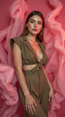 Fashion portrait of a brunette woman in a trendy olive green two-piece suit, posing against a pink studio background framed by flowing pink fabric drapes. Elegant style