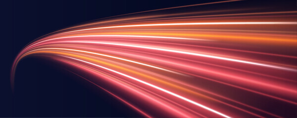 Red and orange neon streaks blaze across an abstract cityscape. Motion blur adds a sense of rapid speed. Great for futuristic digital energy designs. 