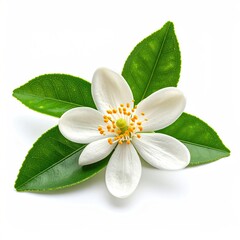 Fototapeta premium Fresh white citrus flower with vibrant green leaves