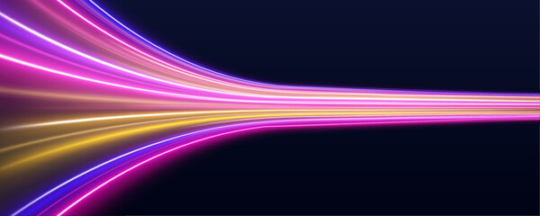 Pink neon trails twist over a dark city skyline at night. Motion blur enhances depth and dynamic speed perception. Great for futuristic urban designs. PNG