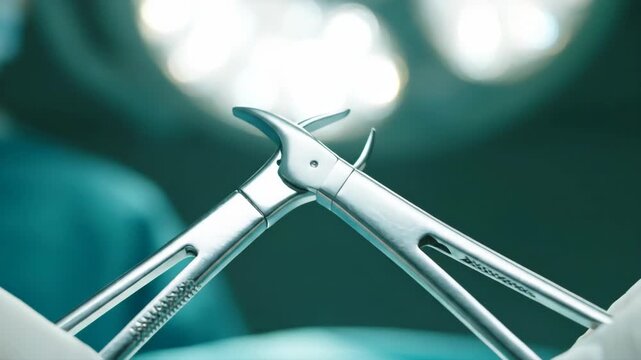 Surgical pliers in a medical operating room with bright overhead light.