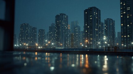 Obraz premium Stunning Urban Nightscape Showcasing Glimmering Skyscrapers Amidst a Rainy Skyline Drenched in City Lights and Reflections