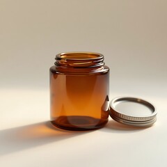 Empty Amber Glass Jar with Silver Lid on Neutral Background