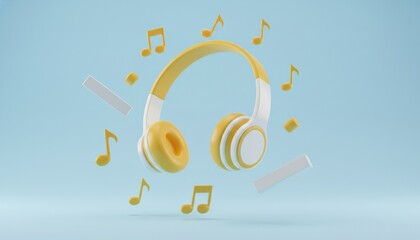 Yellow and white wireless headphones floating among musical notes in a minimalist 3D render style on a pastel blue background, representing audio entertainment