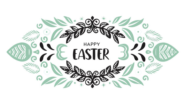 Happy easter greeting card with a decorative border of black and mint green leaves and floral elements on a white background - Powered by Adobe