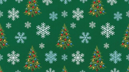 Christmas background with snowflakes and christmas trees,seamless pattern of christmas trees and snowflakes on green background, Christmas wrapping paper