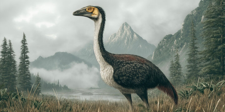 Vegavis in a prehistoric forest landscape with mountains and misty background