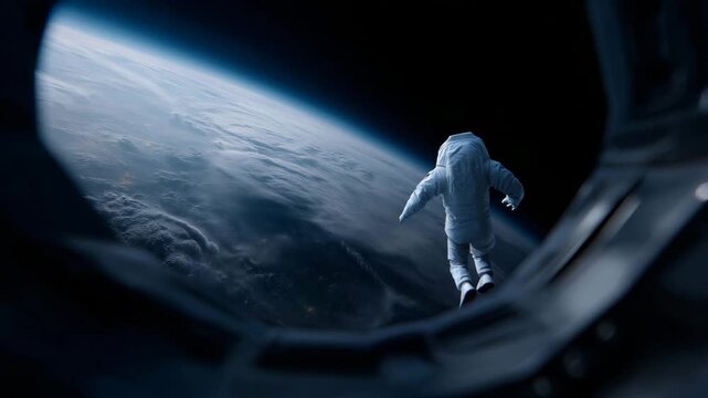 4k A dramatic outer-space perspective showing an astronaut exiting a spacecraft through a large circular hatch, seen from the viewpoint of someone inside the ship. The astronaut floa