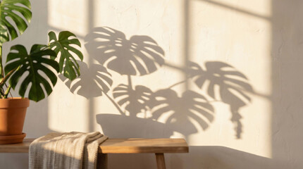Fototapeta premium shadow overlay effects of realistic monstera shadow isolated on wall background,Summer sunlight and shadow overlay effect,dappled leaves shadow for photo interior backdrop studio