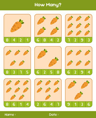 Count the number of vegetables. Educational mathematical game. Counting game for children. Kids activity sheet. Template for how many