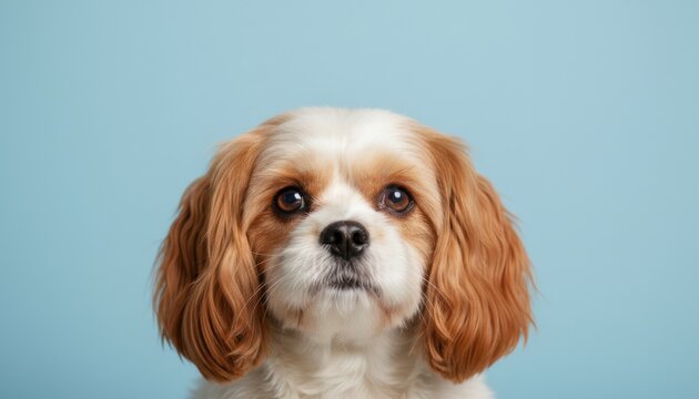 Adorable Blenheim Cavalier King Charles Spaniel puppy with big soulful eyes and long floppy ears looks at the camera in a studio headshot on a plain blue background