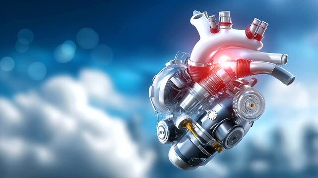 Futuristic mechanical heart, floating sky position, technological organ visualization, surreal medical concept, advanced healthcare imagery, bioengineering display, cybernetic anat