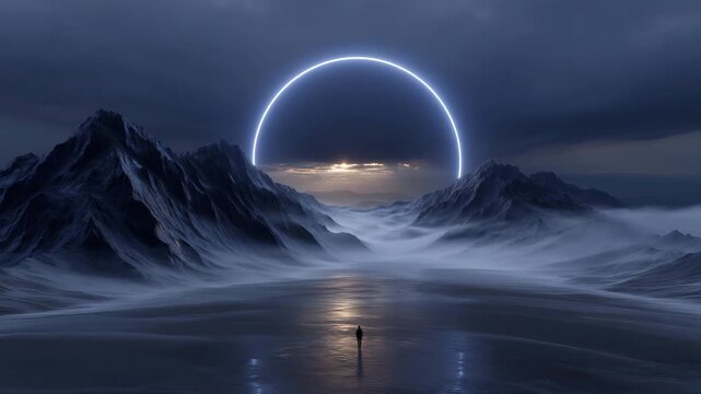 4k A surreal alien environment illuminated by a massive circular neon portal hovering above dark crystalline mountains. The ring&rsquo;s electric blue glow lights up the fog, creating a bri
