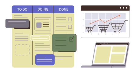 Kanban board categorizing tasks as to do, doing, and done, growth chart with shopping cart icons, open laptop. Ideal for project management, workflow, productivity, progress tracking analytics
