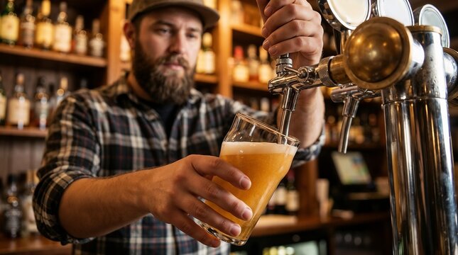 Bartender pouring beer into glass at pub with wood background   - Powered by Adobe