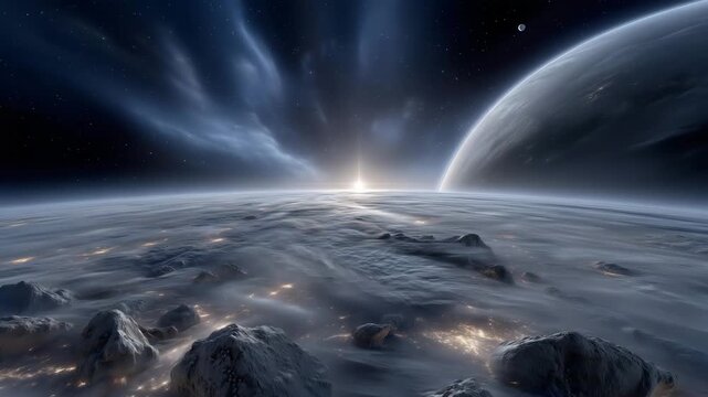 4k An ultra-detailed deep-space panorama featuring a dramatic alignment of planets and an asteroid field
