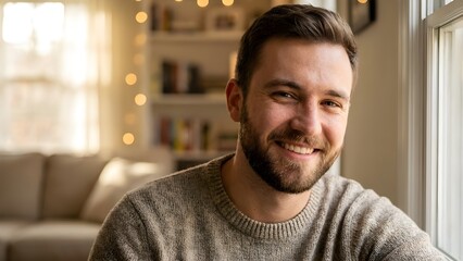 Obraz premium Smiling Young Bearded Man Portrait in Warm Indoor Lighting 