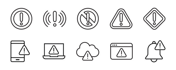 Alert and Warning line icon set. Set of 10 outline icons related to alert sign, warning, danger, hazard, attention sign, caution and others. Editable stroke. Vector illustration.