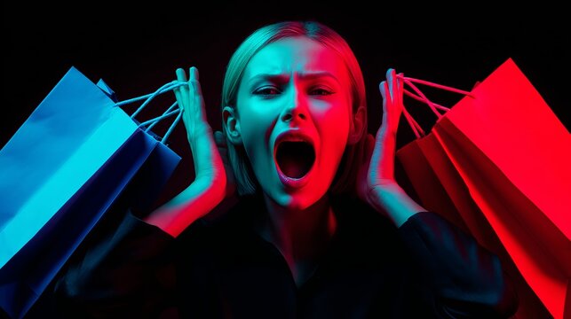 Stressed woman screaming after too much shopping with neon lights and colorful bags, feeling overwhelmed by sales and deals, Black Friday shopping madness - Powered by Adobe