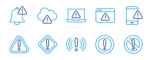 Alert and Warning line icon set. Set of 10 outline icons related to alert sign, warning, danger, hazard, attention sign, caution and others. Editable stroke. Vector illustration.