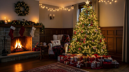 Decorated Tree by a Warm Fireplace Scene for New Year Celebration